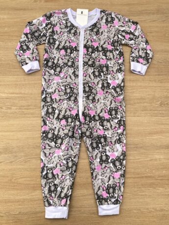 Macacão Pijama Infantil Feminino Estampa Urso Cinza e Rosa Fernanda Ramos Kids