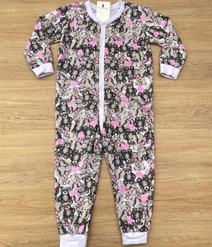 Macacão Pijama Infantil Feminino Estampa Urso Cinza e Rosa Fernanda Ramos Kids