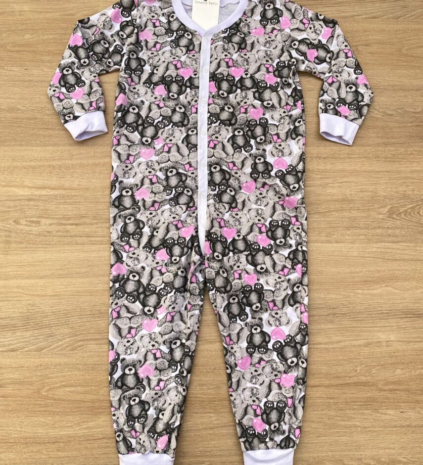 Macacão Pijama Infantil Feminino Estampa Urso Cinza e Rosa Fernanda Ramos Kids