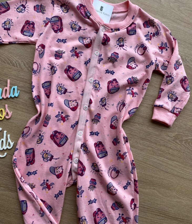 fernandaramoskids com br Macacão Pijama Infantil Feminino Estampado Rosa 1