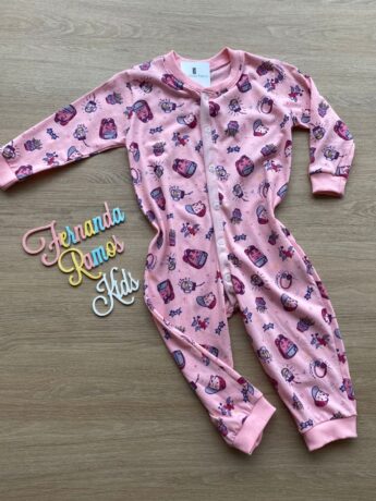 Macacão Pijama Infantil Feminino Estampado Rosa Fernanda Ramos Kids