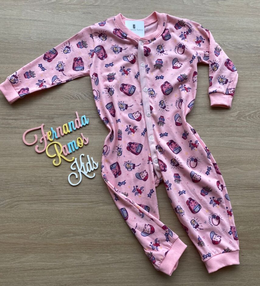 Macacão Pijama Infantil Feminino Estampado Rosa Fernanda Ramos Kids