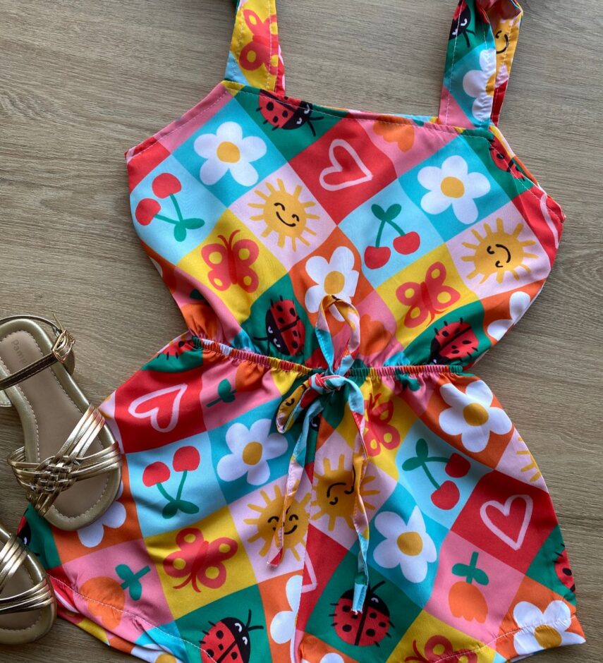 fernandaramoskids com br Macaquinho Infantil Feminino Amarração nas Alças e Cintura Estampado 1