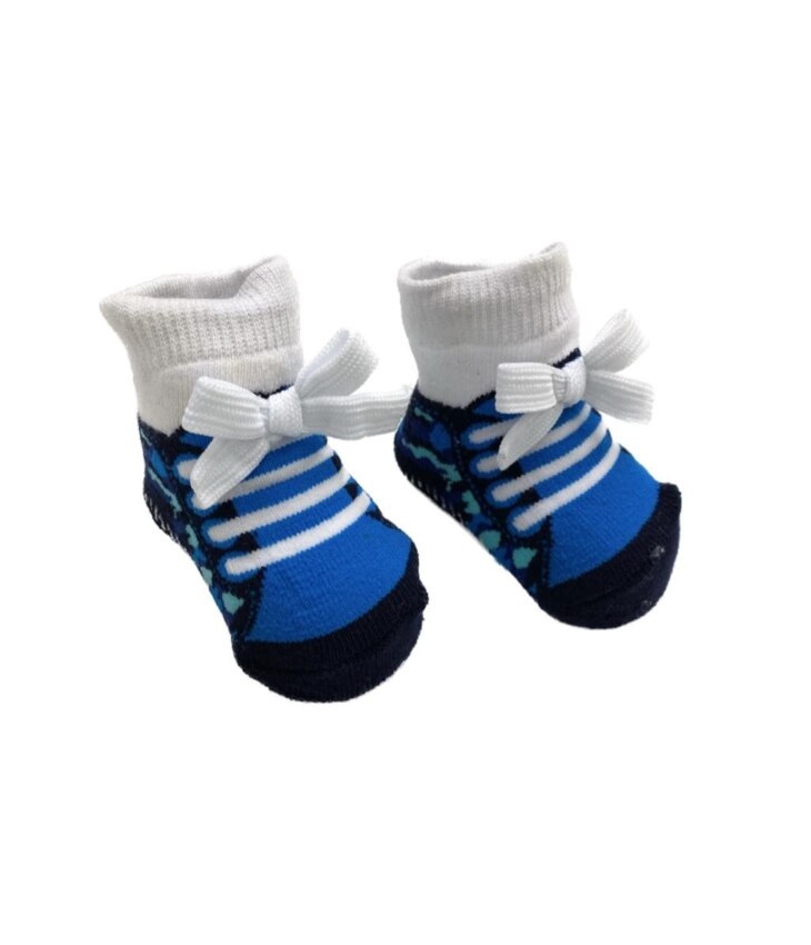 Meia Infantil Masculina 3D Pantufinha Azul Preto e Branco Fernanda Ramos Kids