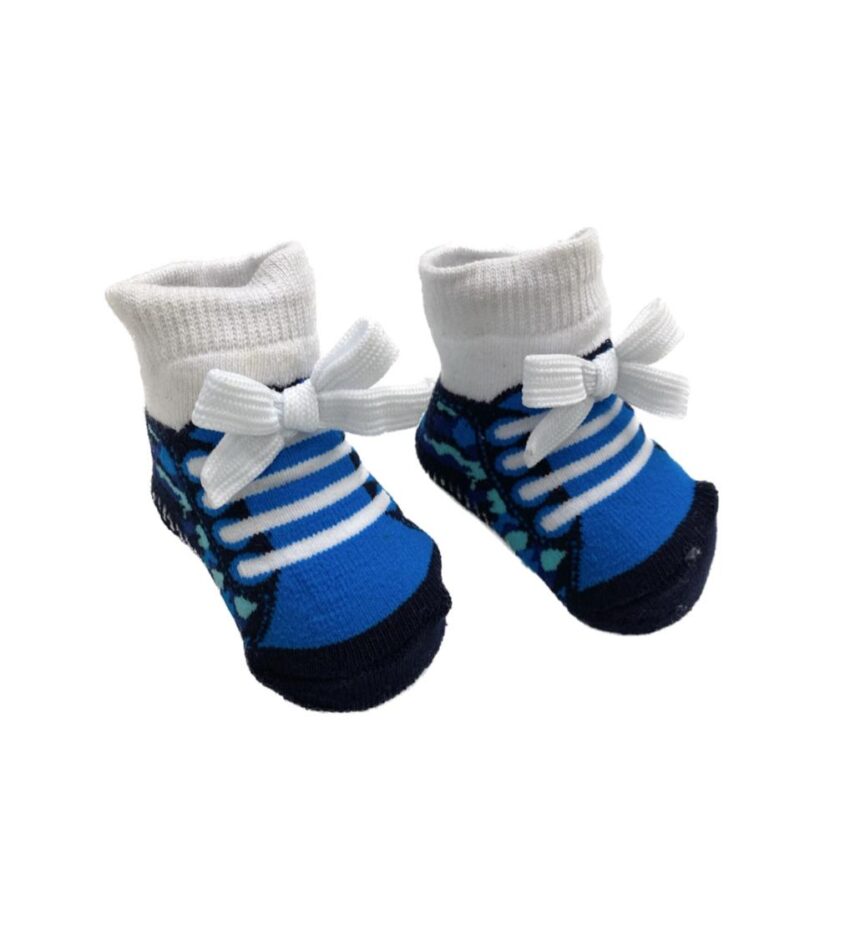 Meia Infantil Masculina 3D Pantufinha Azul Preto e Branco Fernanda Ramos Kids