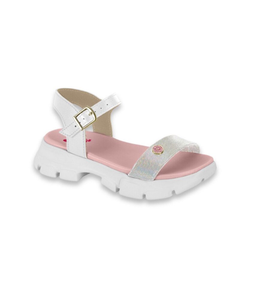 Sandália Infantil Feminina Tratorada Prata Solado Rosa Fernanda Ramos Kids