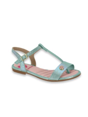 Sandália Infantil Feminina Verde Água Detalhe Rosa Fernanda Ramos Kids