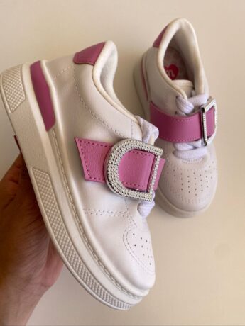 fernandaramoskids com br Tênis Infantil Feminino Branco com Detalhe Rosa 1