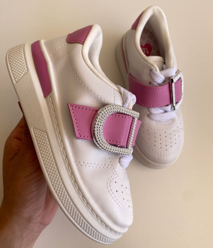 fernandaramoskids com br Tênis Infantil Feminino Branco com Detalhe Rosa 1
