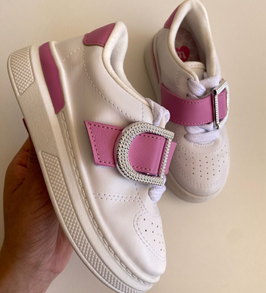 fernandaramoskids com br Tênis Infantil Feminino Branco com Detalhe Rosa 1