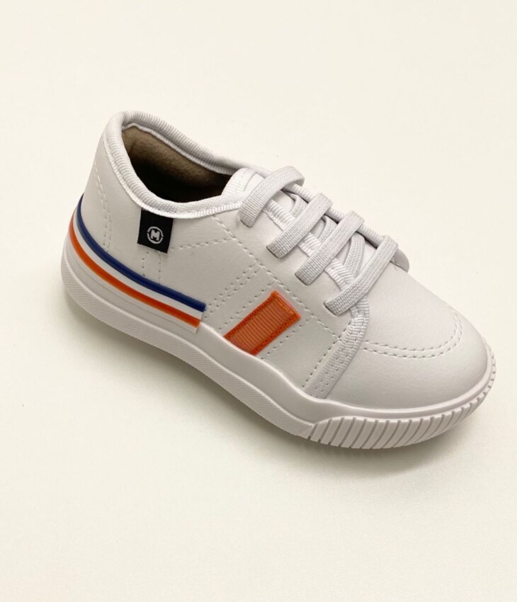 fernandaramoskids com br Tênis Infantil Masculino Branco Detalhe Laranja e Azul