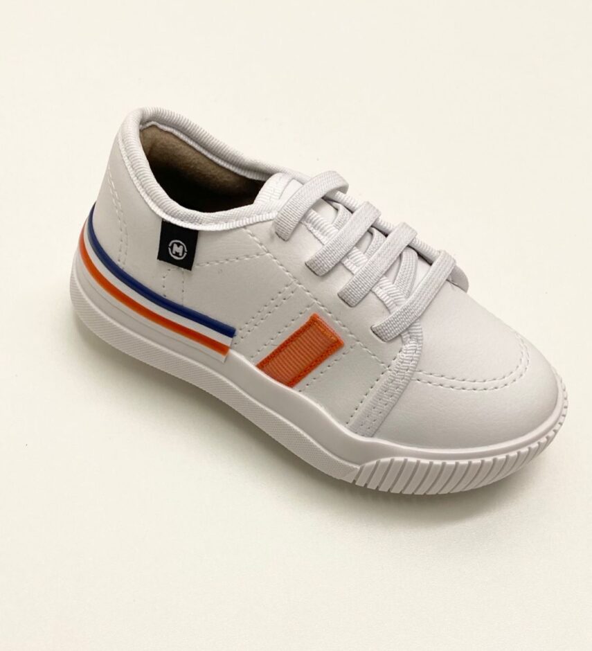 fernandaramoskids com br Tênis Infantil Masculino Branco Detalhe Laranja e Azul