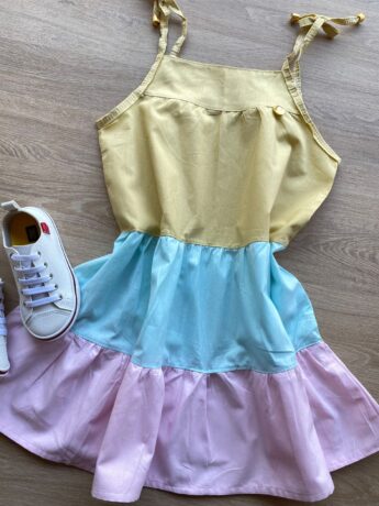 fernandaramoskids com br Vestido Infantil Feminino Alças com Amarração Amarelo, Verde e Rosa 1