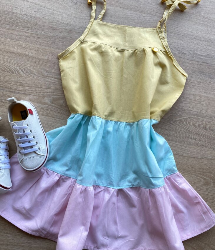 fernandaramoskids com br Vestido Infantil Feminino Alças com Amarração Amarelo, Verde e Rosa 1