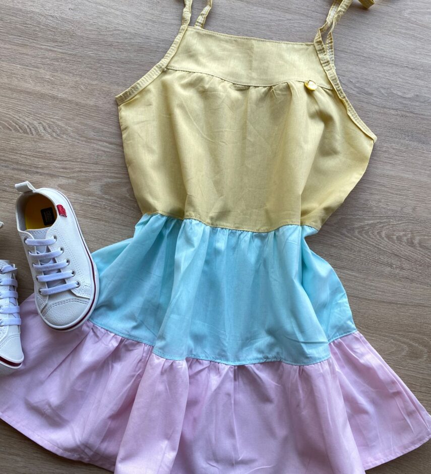 fernandaramoskids com br Vestido Infantil Feminino Alças com Amarração Amarelo, Verde e Rosa 1