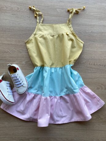 Vestido Infantil Feminino Alças com Amarração Amarelo, Verde e Rosa Fernanda Ramos Kids