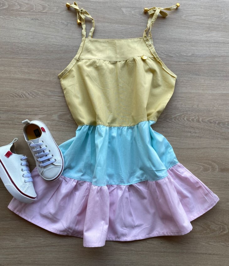 Vestido Infantil Feminino Alças com Amarração Amarelo, Verde e Rosa Fernanda Ramos Kids