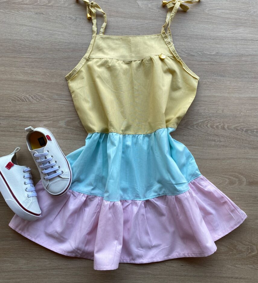 Vestido Infantil Feminino Alças com Amarração Amarelo, Verde e Rosa Fernanda Ramos Kids