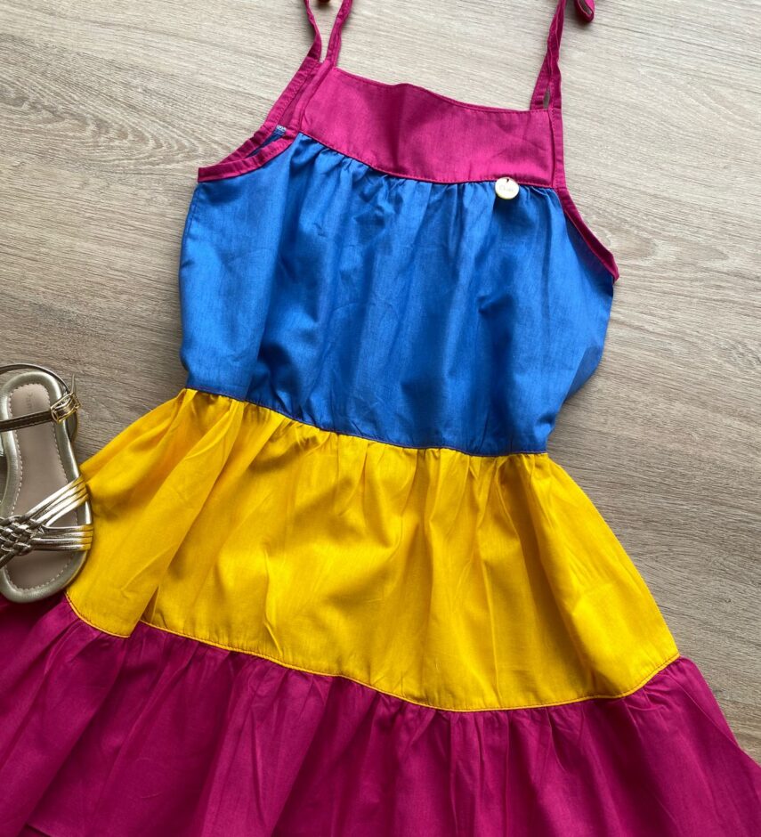 fernandaramoskids com br Vestido Infantil Feminino Alças com Amarração Azul, Amarelo e Pink 1