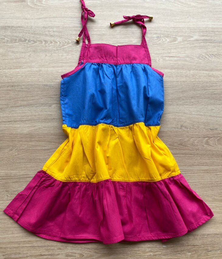 fernandaramoskids com br Vestido Infantil Feminino Alças com Amarração Azul, Amarelo e Pink 2
