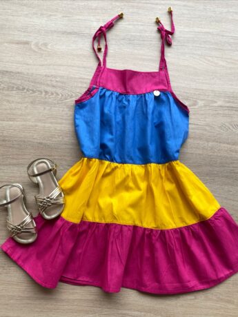 Vestido Infantil Feminino Alças com Amarração Azul, Amarelo e Pink Fernanda Ramos Kids
