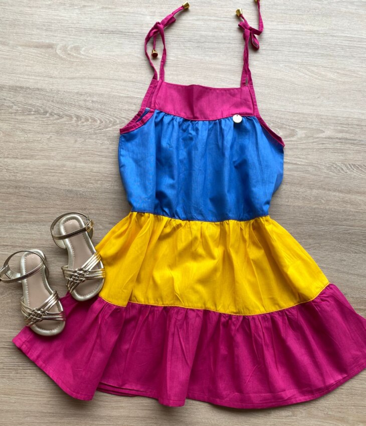 Vestido Infantil Feminino Alças com Amarração Azul, Amarelo e Pink Fernanda Ramos Kids