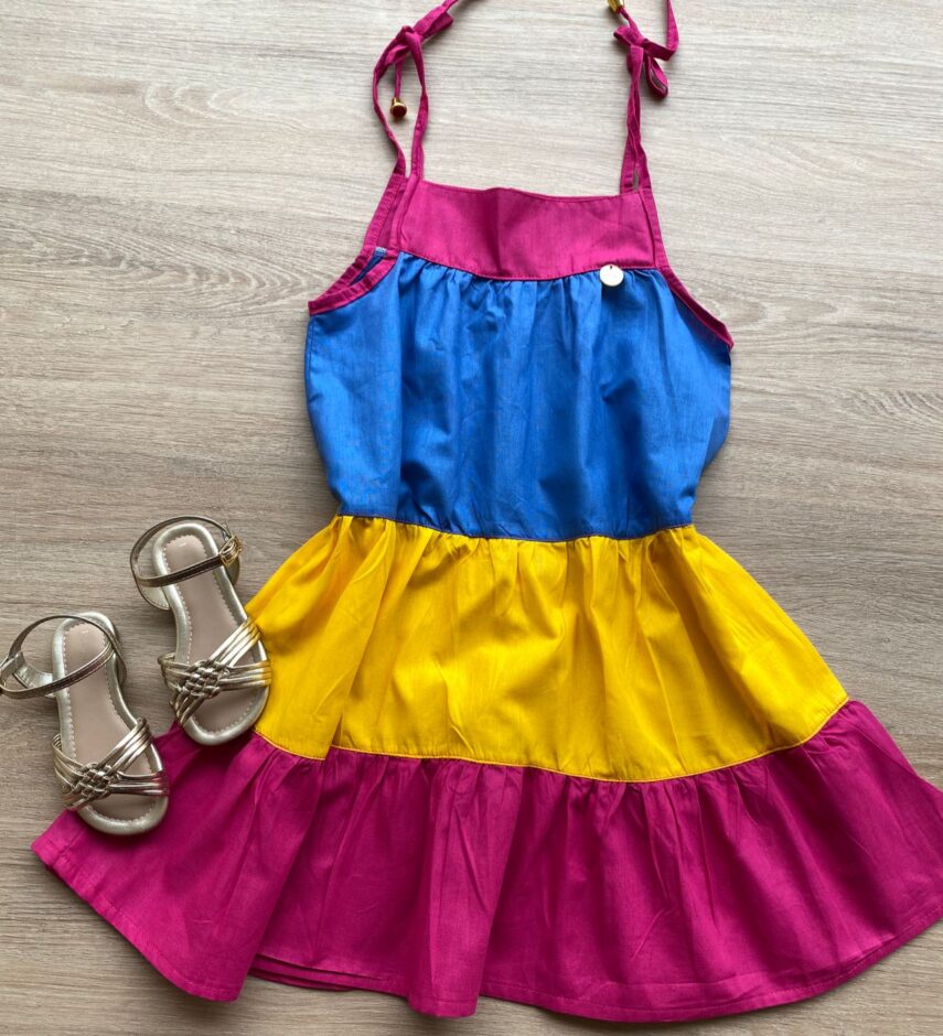 Vestido Infantil Feminino Alças com Amarração Azul, Amarelo e Pink Fernanda Ramos Kids