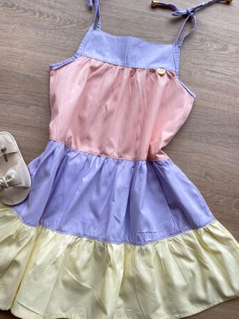 fernandaramoskids com br Vestido Infantil Feminino Alças com Amarração Rosa, Azul e Amarelo 1