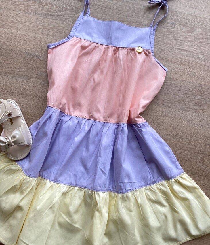fernandaramoskids com br Vestido Infantil Feminino Alças com Amarração Rosa, Azul e Amarelo 1
