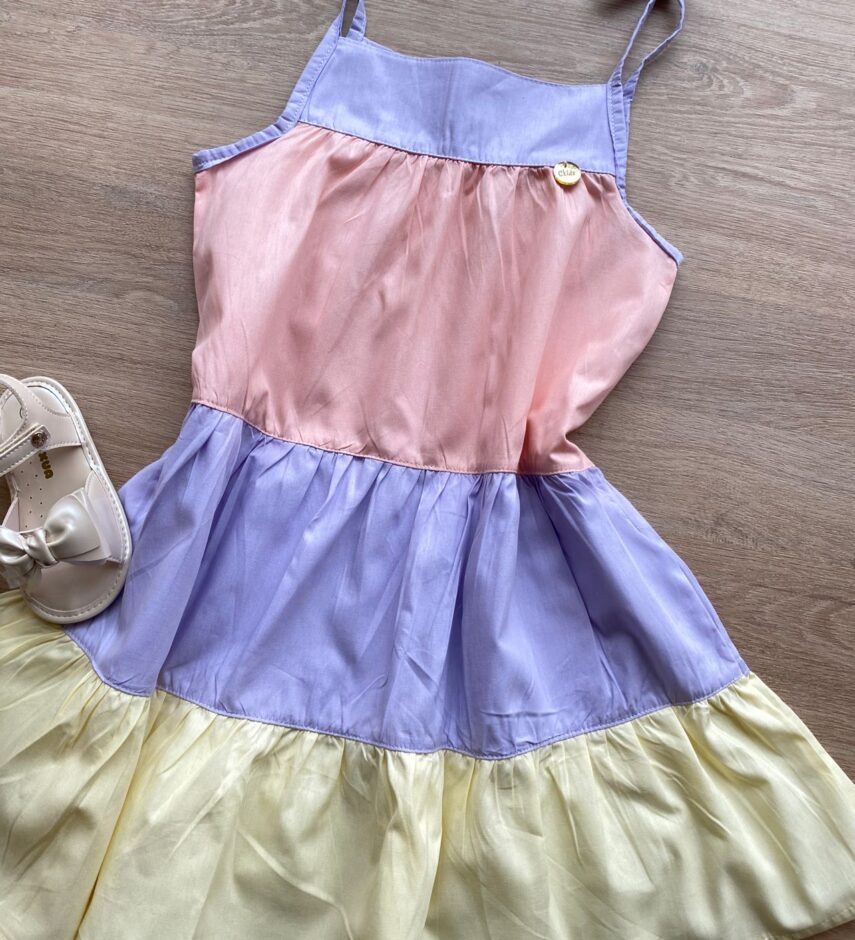 fernandaramoskids com br Vestido Infantil Feminino Alças com Amarração Rosa, Azul e Amarelo 1