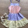Vestido Infantil Feminino Alças com Amarração Rosa, Azul e Amarelo Fernanda Ramos Kids