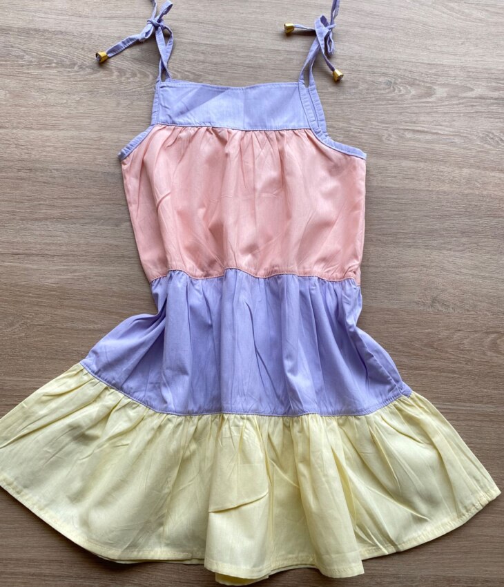 fernandaramoskids com br Vestido Infantil Feminino Alças com Amarração Rosa, Azul e Amarelo 2