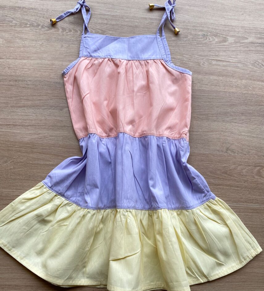 fernandaramoskids com br Vestido Infantil Feminino Alças com Amarração Rosa, Azul e Amarelo 2