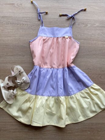 Vestido Infantil Feminino Alças com Amarração Rosa, Azul e Amarelo Fernanda Ramos Kids