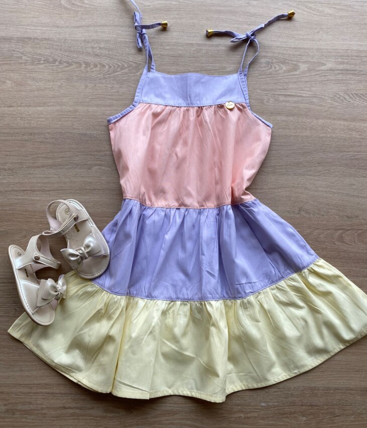 Vestido Infantil Feminino Alças com Amarração Rosa, Azul e Amarelo Fernanda Ramos Kids