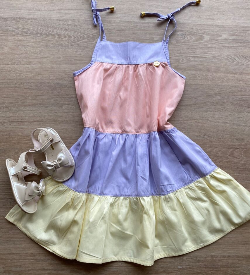 Vestido Infantil Feminino Alças com Amarração Rosa, Azul e Amarelo Fernanda Ramos Kids