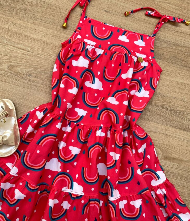 fernandaramoskids com br Vestido Infantil Feminino Alças com Amarração Estampa Arco Íris Pink 1
