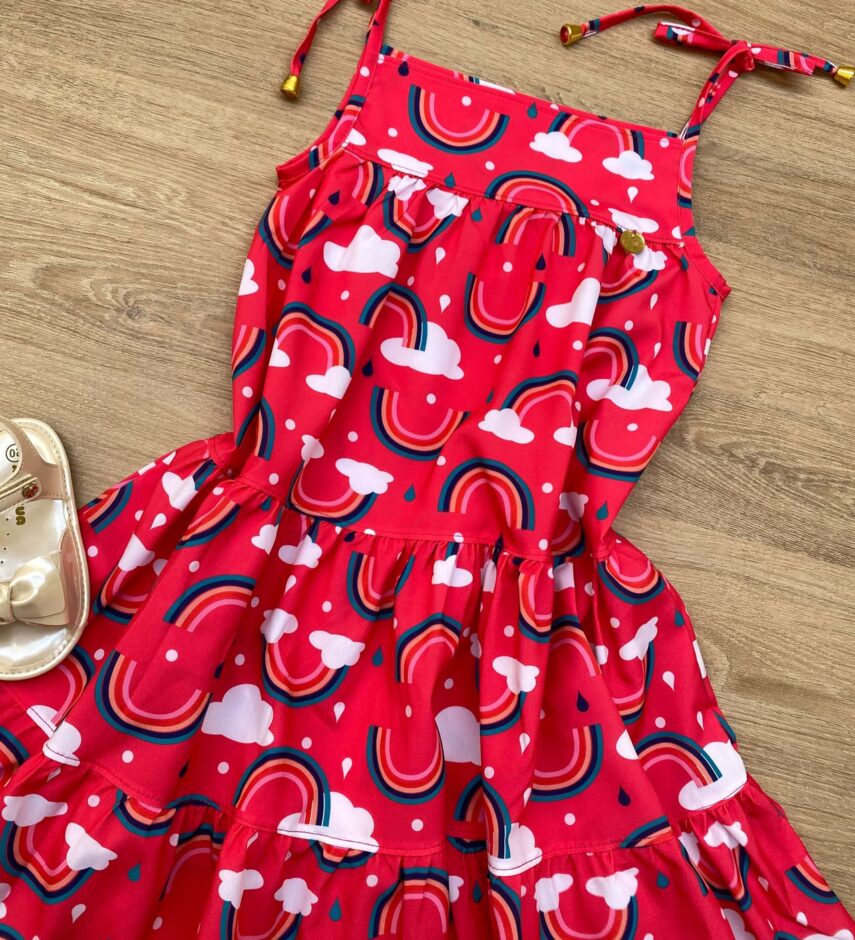 fernandaramoskids com br Vestido Infantil Feminino Alças com Amarração Estampa Arco Íris Pink 1