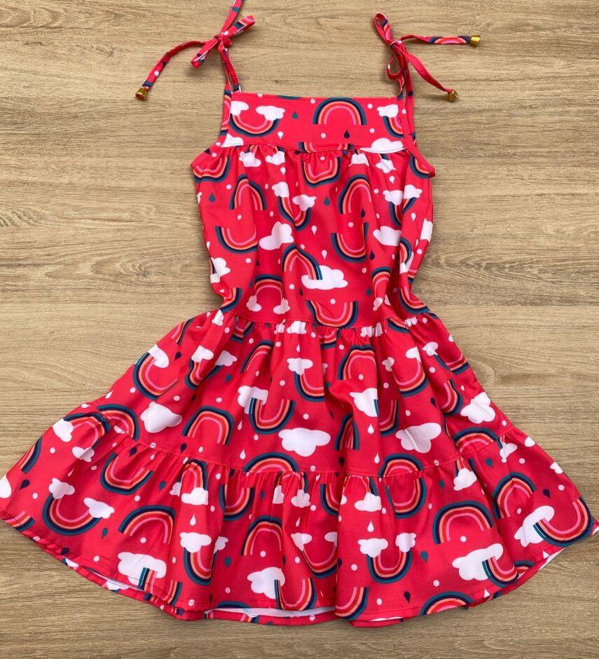 fernandaramoskids com br Vestido Infantil Feminino Alças com Amarração Estampa Arco Íris Pink 2
