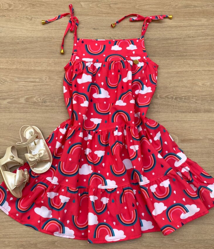 Vestido Infantil Feminino Alças com Amarração Estampa Arco Íris Pink Fernanda Ramos Kids