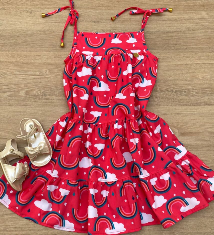 Vestido Infantil Feminino Alças com Amarração Estampa Arco Íris Pink Fernanda Ramos Kids