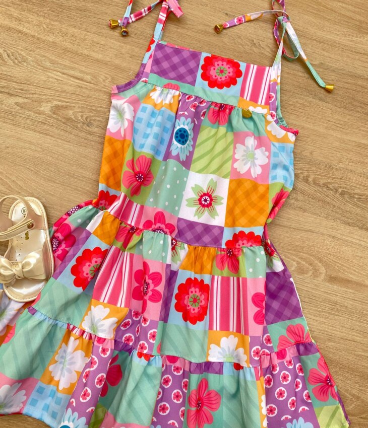 fernandaramoskids com br Vestido Infantil Feminino Alças com Amarração Estampado Colorido 1