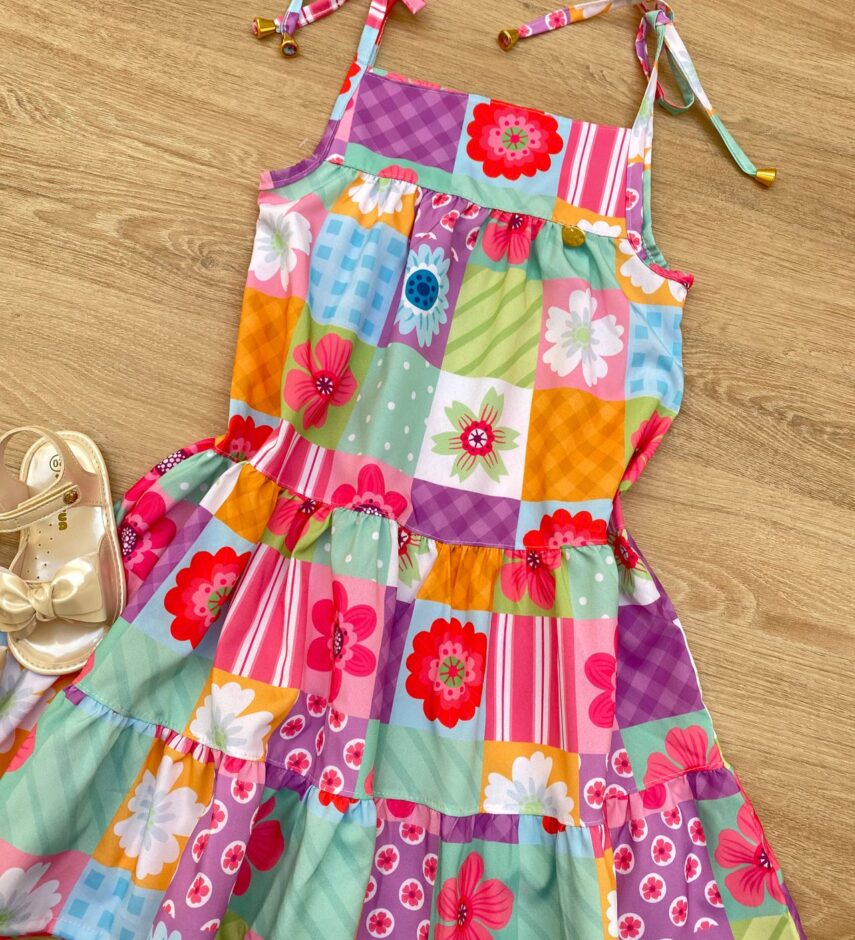 fernandaramoskids com br Vestido Infantil Feminino Alças com Amarração Estampado Colorido 1