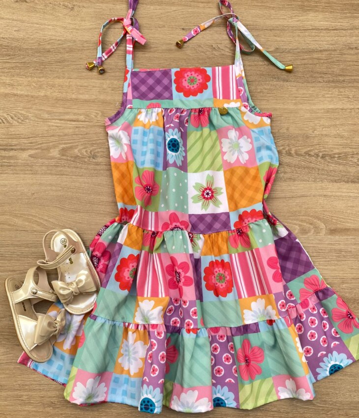 fernandaramoskids_com_br-Vestido Infantil Feminino Alças com Amarração Estampado Colorido Fernanda Ramos Kids
