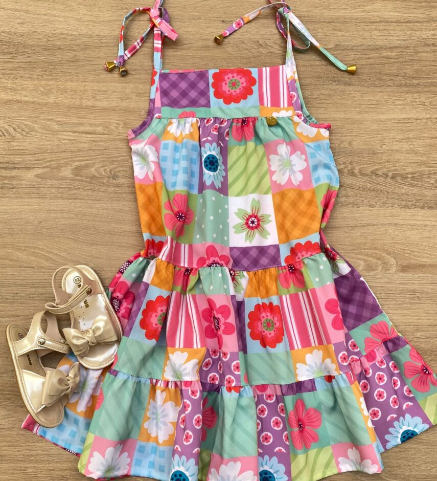 fernandaramoskids_com_br-Vestido Infantil Feminino Alças com Amarração Estampado Colorido Fernanda Ramos Kids