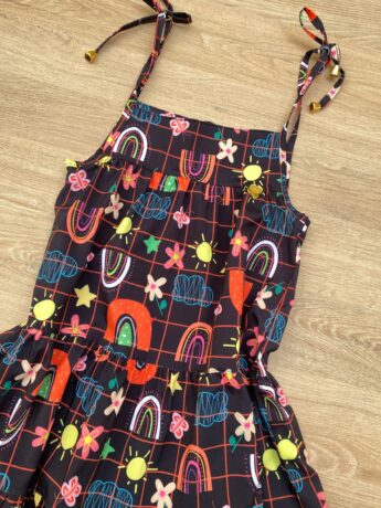 fernandaramoskids com br Vestido Infantil Feminino Alças com Amarração Estampado Preto 1