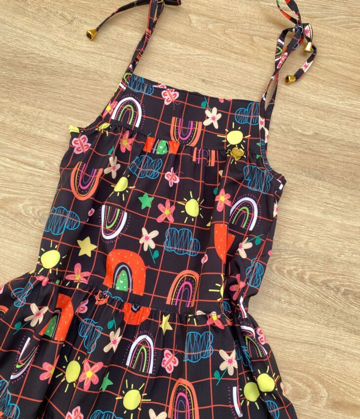 fernandaramoskids com br Vestido Infantil Feminino Alças com Amarração Estampado Preto 1