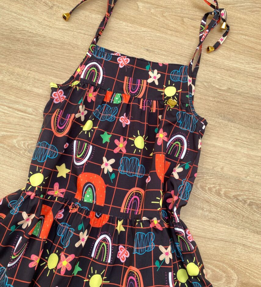 fernandaramoskids com br Vestido Infantil Feminino Alças com Amarração Estampado Preto 1
