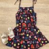 Vestido Infantil Feminino Alças com Amarração Estampado Preto Fernanda Ramos Kids