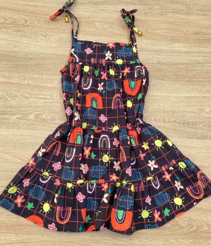 fernandaramoskids com br Vestido Infantil Feminino Alças com Amarração Estampado Preto 2